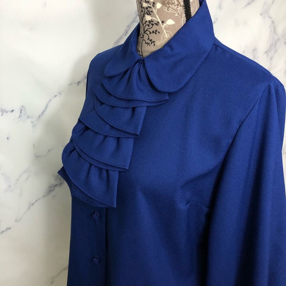 Vintage Dog Ear Collar Union Made Button Down Top Cascade Ruffle Midnight Blue - Picture 3 of 12